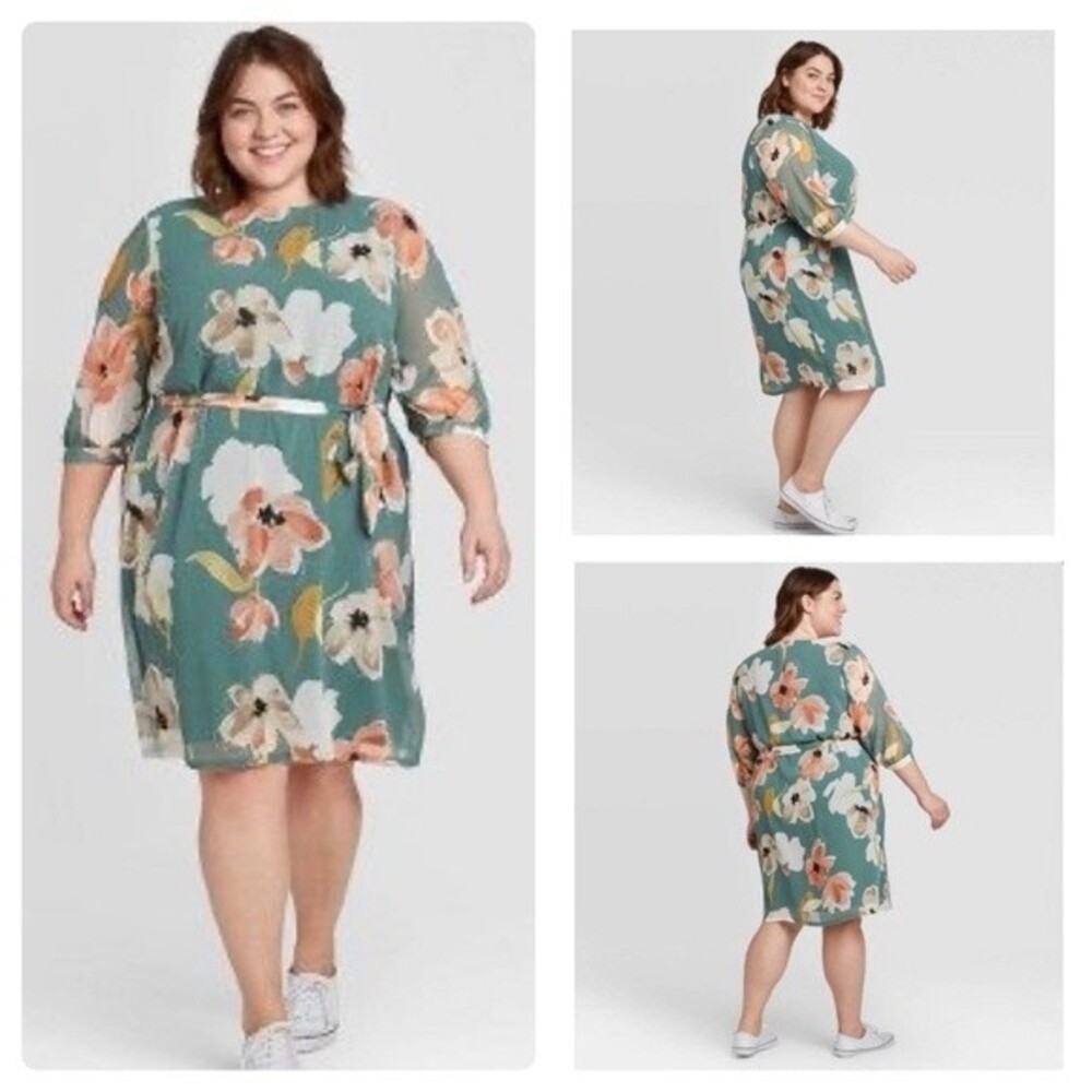 AVA & VIV Beautiful sage green blush and white belted floral dress size 4X